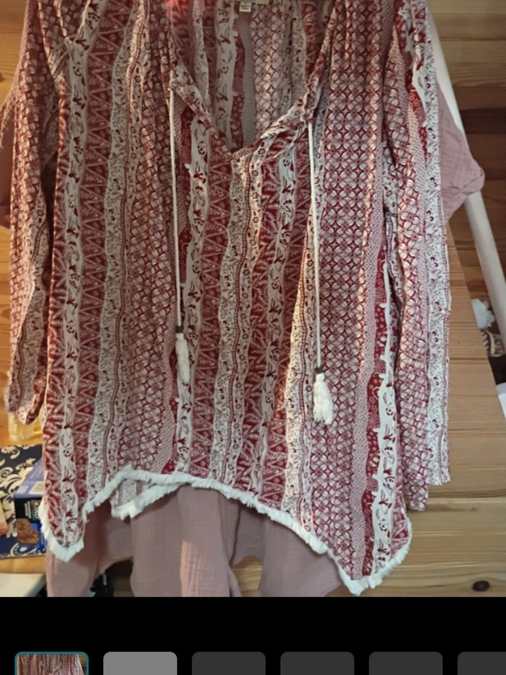 Bohemian Red Patterned V-Neck Womens Top with Tassel Ties